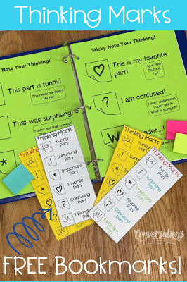 FREE Reading Comprehension Strategies using Thinking Marks- FREE reading comprehension strategies bookmarks for reading activities during guided reading and independent reading time!  #guidedreading #comprehension #classroom #elementary #conversationsinliteracy #readinginterventions #firstgrade #secondgrade #thirdgrade