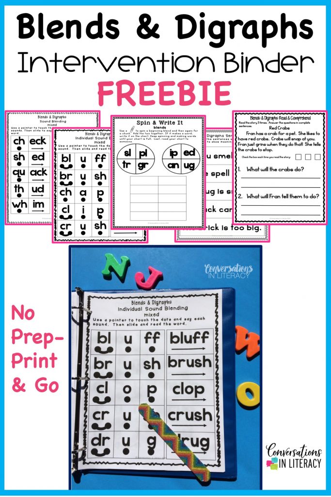 Blends and Digraphs activities for fun learning in the kindergarten, first grade and second grade classroom.  Free teaching ideas for games, printables and alternatives to worksheets for your struggling readers and elementary students. #phonics #decoding #readinginterventions #guidedreading #conversationsinliteracy #blendsanddigraphs
