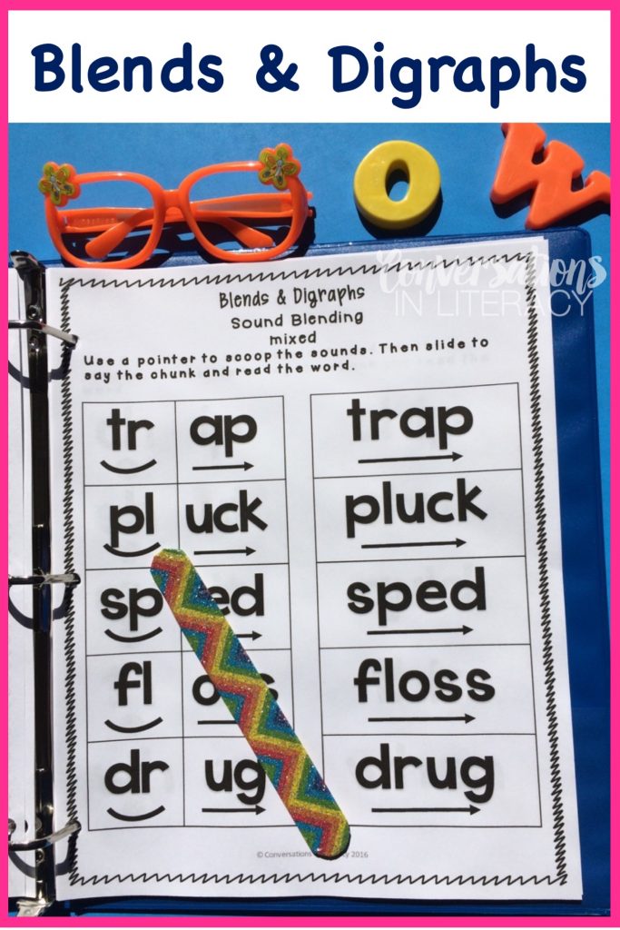 Blends and Digraphs activities for fun learning in the kindergarten, first grade and second grade classroom.  Free teaching ideas for games, printables and alternatives to worksheets for your struggling readers and elementary students. #phonics #decoding #readinginterventions #guidedreading #conversationsinliteracy #blendsanddigraphs