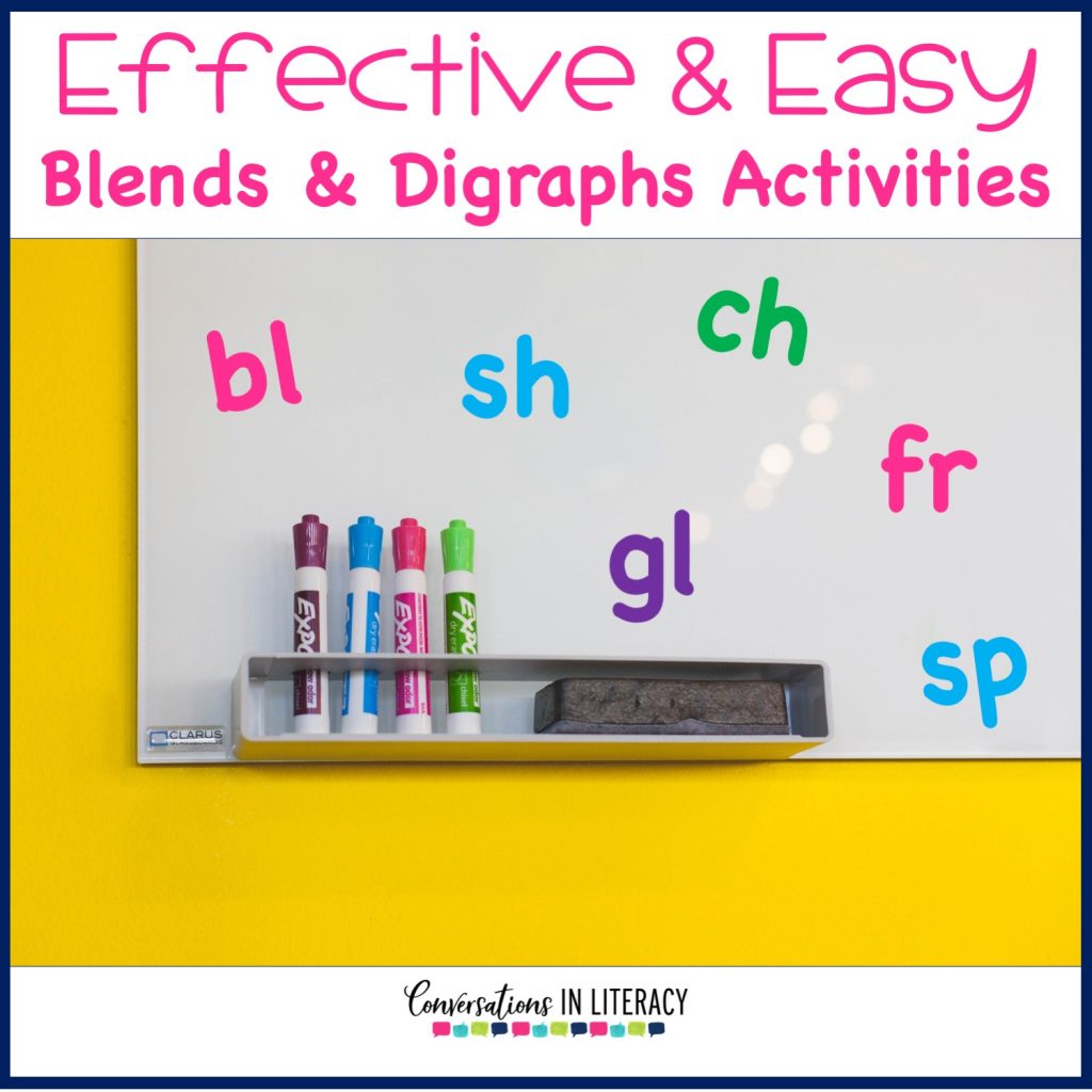 Blends and Digraphs activities for fun learning in the kindergarten, first grade and second grade classroom.  Free teaching ideas for games, printables and alternatives to worksheets for your struggling readers and elementary students. #phonics #decoding #readinginterventions #guidedreading #conversationsinliteracy #blendsanddigraphs