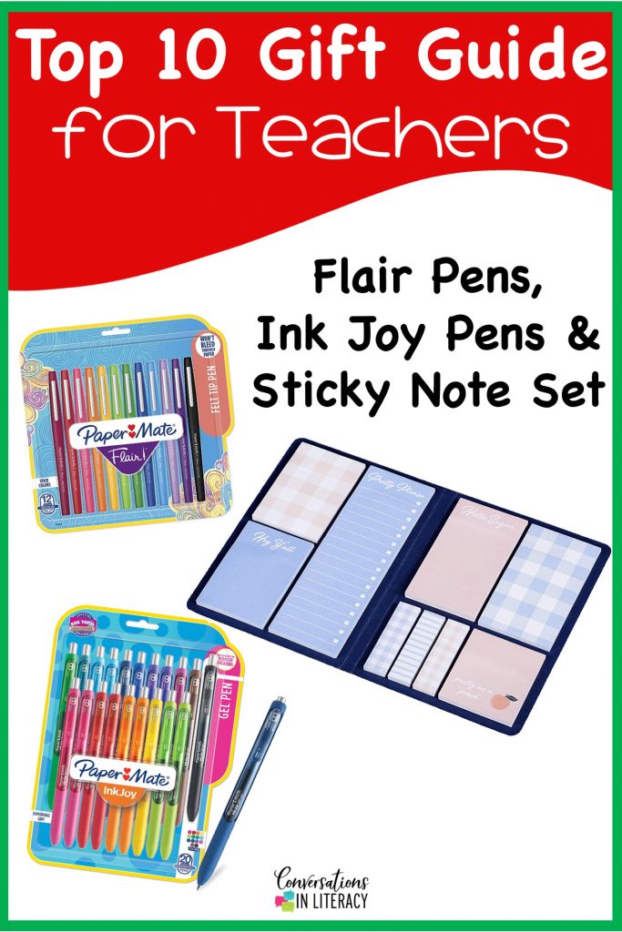 Top 10 Christmas Gift Ideas for Teachers! These fun and useful gifts make the perfect presents for the teachers in your life or even yourself! Students will love giving their teachers these gifts  Christmas or any holiday! Flair Pens, Ink Joy Pens, Sticky Note Set #teachergifts #giftsforteachers #kindergarten #firstgrade #secondgrade #thirdgrade #fourthgrade #fifthgrade #conversationsinliteracy #classroom #elementary #topgiftideas kindergarten, 1st grade, 2nd grade, 3rd grade, 4th grade, 5th grade