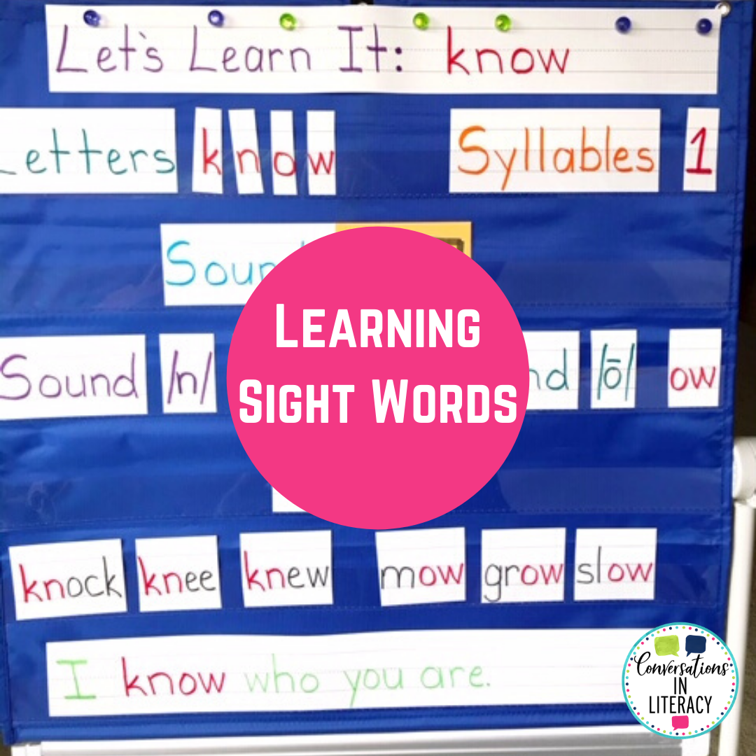 sight words on blue pocket chart by Conversations in Literacy