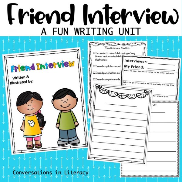 Friend Interview cover and pages on blue background by Conversations in Literacy