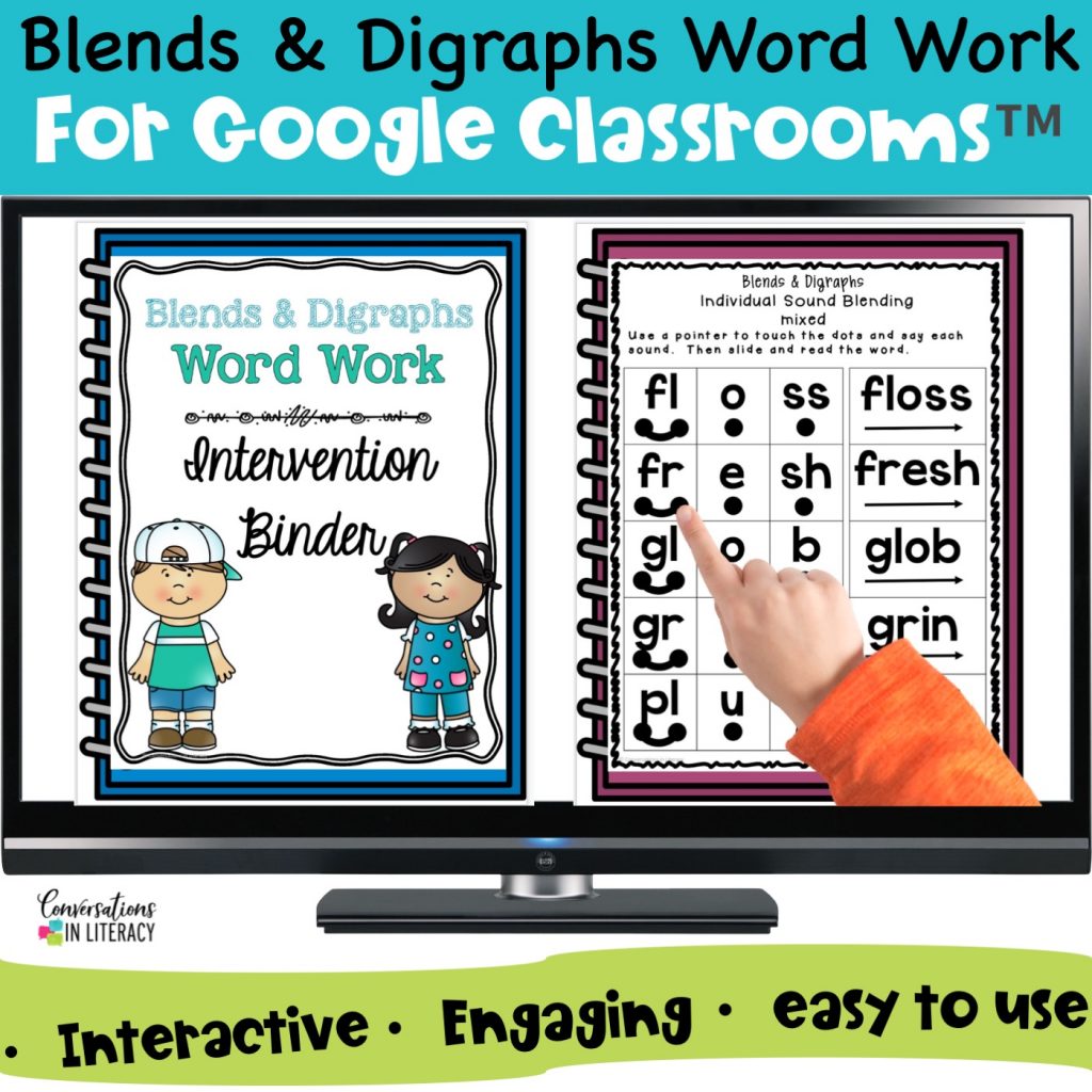 hand pointing at phonics activities on computer screen by Conversations in Literacy
