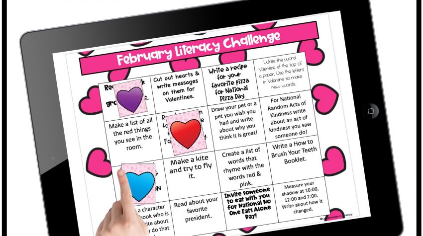 Finger pointing to February Literacy Challenge on black iPad by Conversations in Literacy