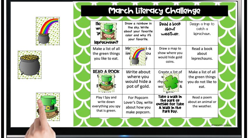 Finger pointing to March Literacy Challenge Freebie by Conversations in Literacy