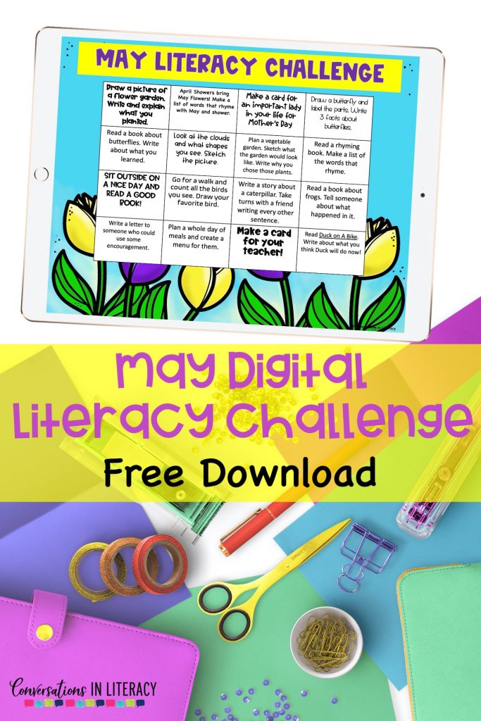 white iPad on purple, blue and green paper and a free literacy challenge activity by Conversations in Literacy