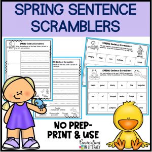 spring girl and chick with sentence building activities by Conversations in Literacy