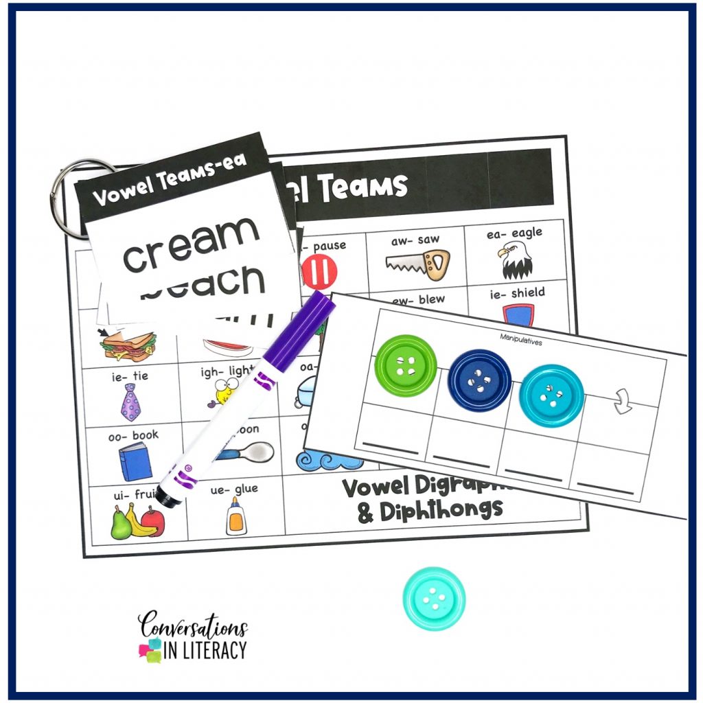 word cards, vowel teams chart and tap, map, and graph with buttons by Conversations in Literacy