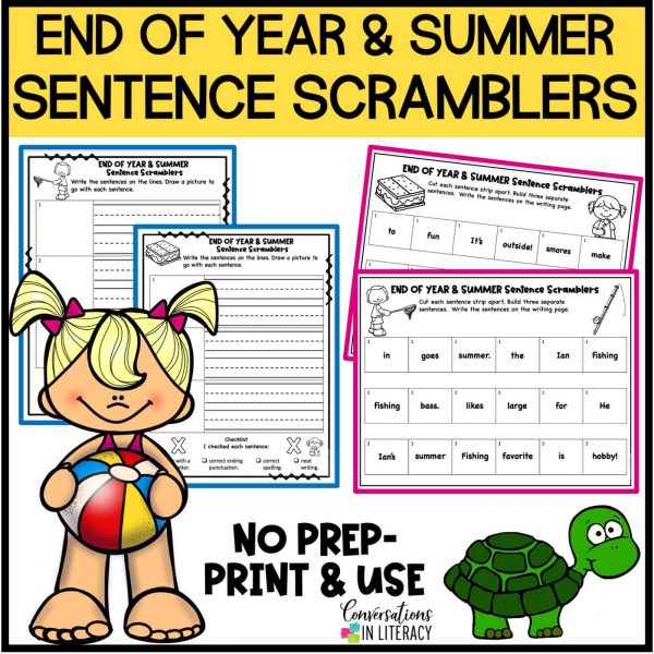 End of Year & Summer Sentence Scramblers pages with clip art turtle and girl by Conversations in Literacy