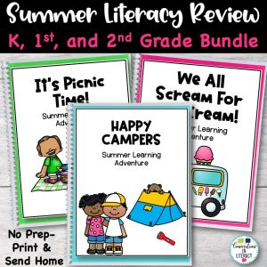 Summer Learning Review Packet Covers K-2 on gray wood background by Conversations in Literacy