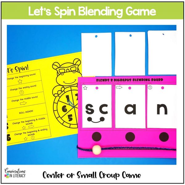 pink blending board, letter cards and yellow spinner game by Conversations in Literacy