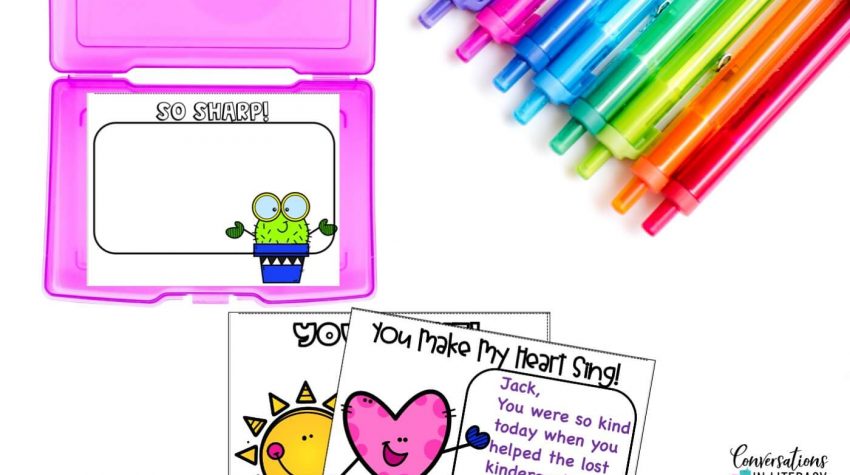 pink box, colored pens and positive student notes by Conversations in Literacy
