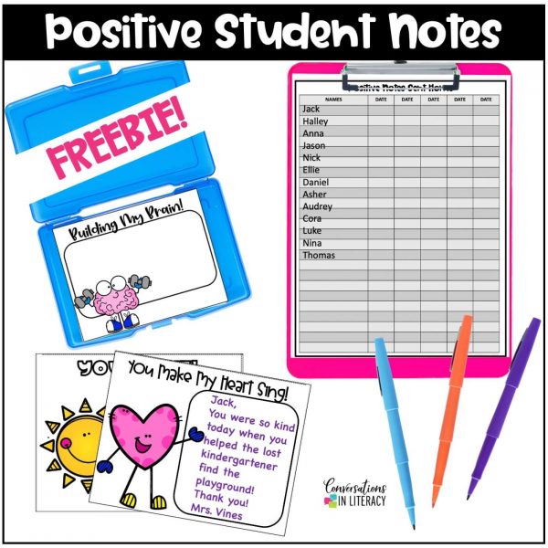 blue box, pink clipboard, pens and positive student notes by Conversations in Literacy