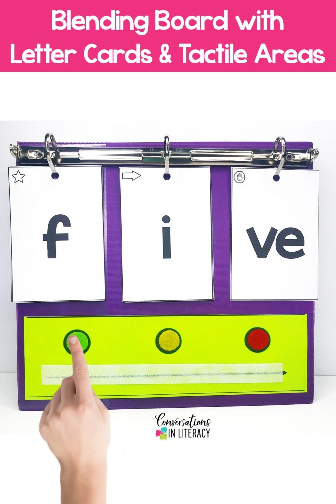 Purple notebook with letter cards, Velcro strip and hand pointing for phoneme blending by Conversations in Literacy