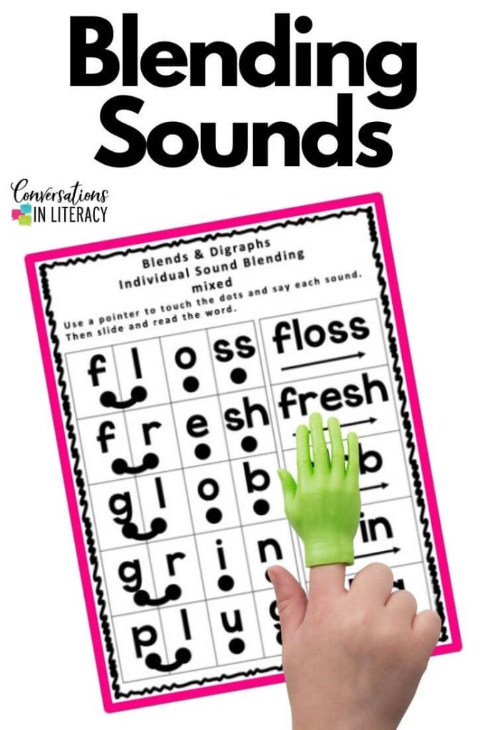 hand with green pointer on blends and digraphs phonics page by Conversations in Literacy