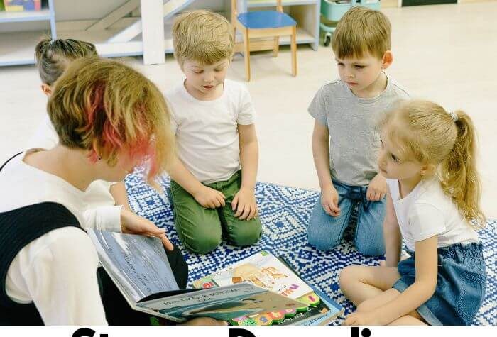 teacher and elementary students on rug working on fluency by reading books by Conversations in Literacy