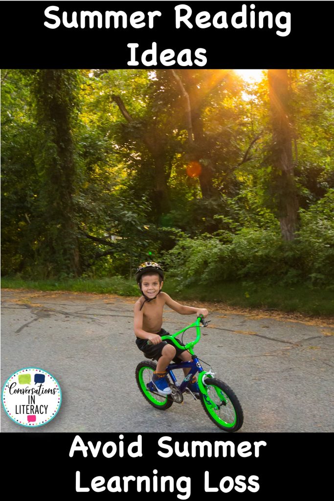 Boy on a green bike in the summer for summer activity ideas for kids by Conversations in Literacy