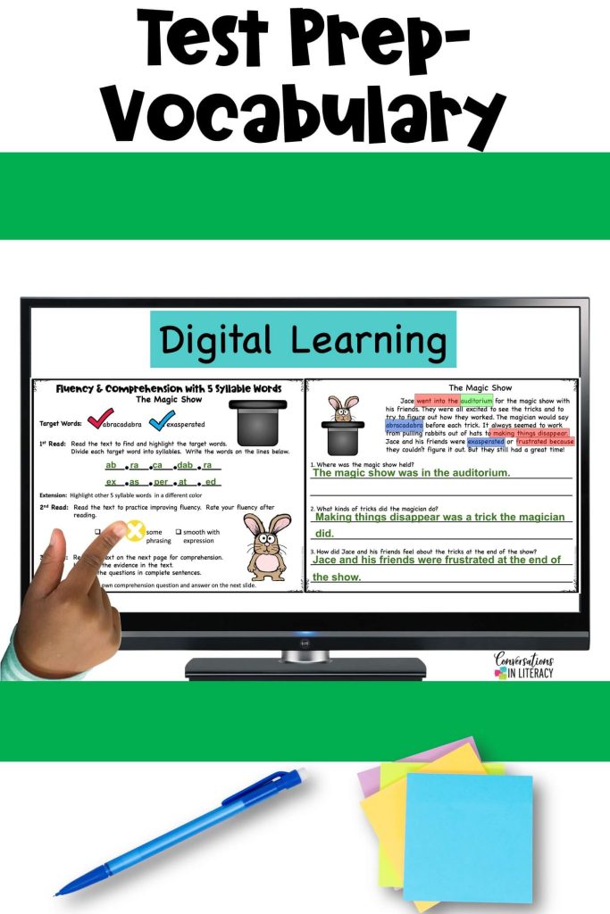 Finger pointing to computer screen with reading comprehension and fluency passages for test prep by Conversations in Literacy