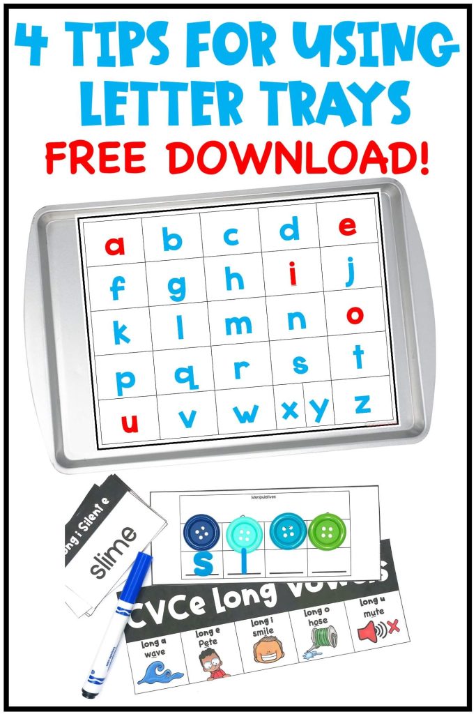 Tap, map & graph activities, blue buttons and marker with cookie sheet and free magnetic letter tray template by Conversations in Literacy