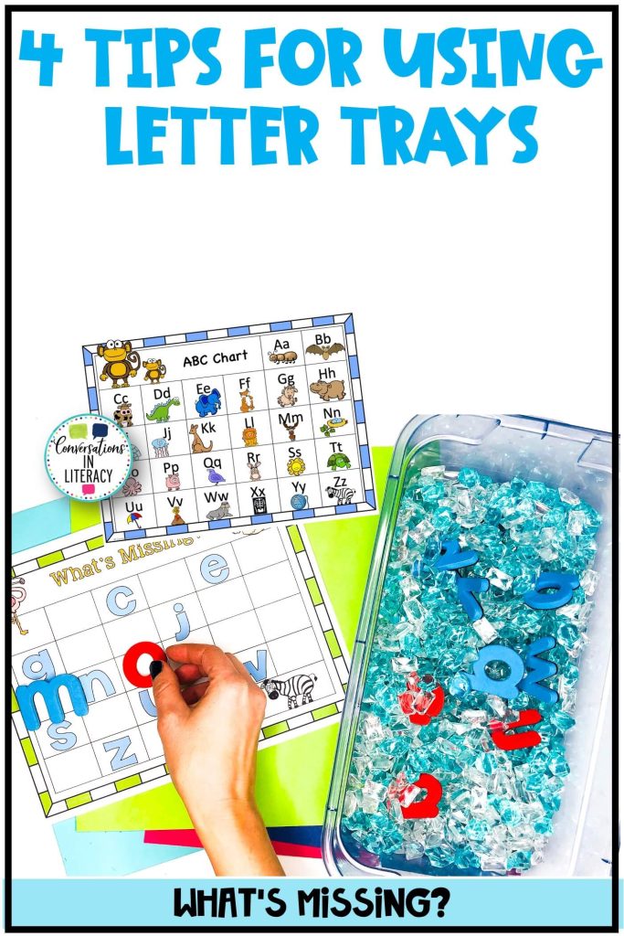 Plastic bin with magnetic letters and letter recognition sheets by Conversations in Literacy