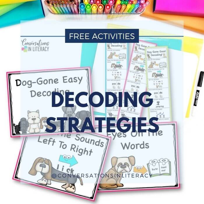 Colorful school supplies with decoding strategy poster charts and bookmarks by Conversations in Literacy