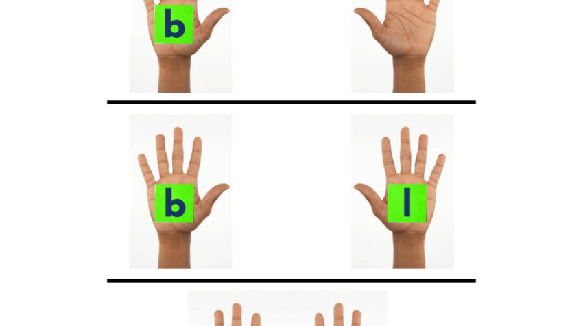 Palm of hands with green sticky notes with letters written on them by Conversations in Literacy