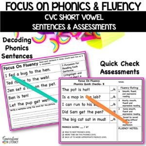 Phonics Practice Pages and Fluency Assessments with colorful pens on white background by Conversations in Literacy