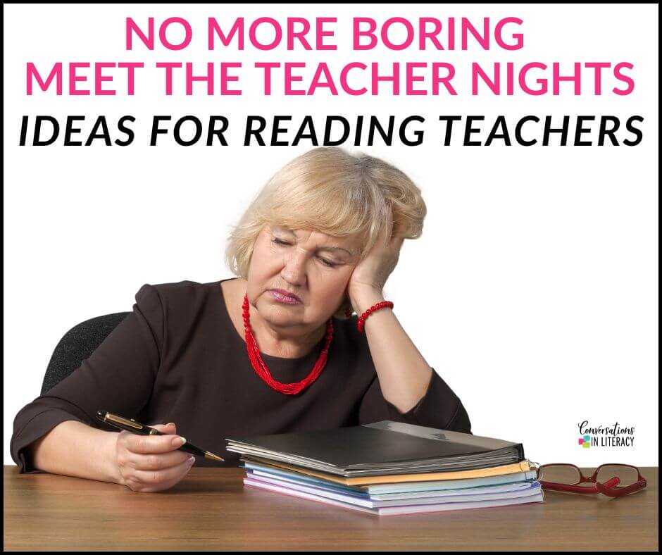 Bored teacher at a desk with a pen and notebooks for Meet the Teacher Night Back to School Night by Conversations in Literacy