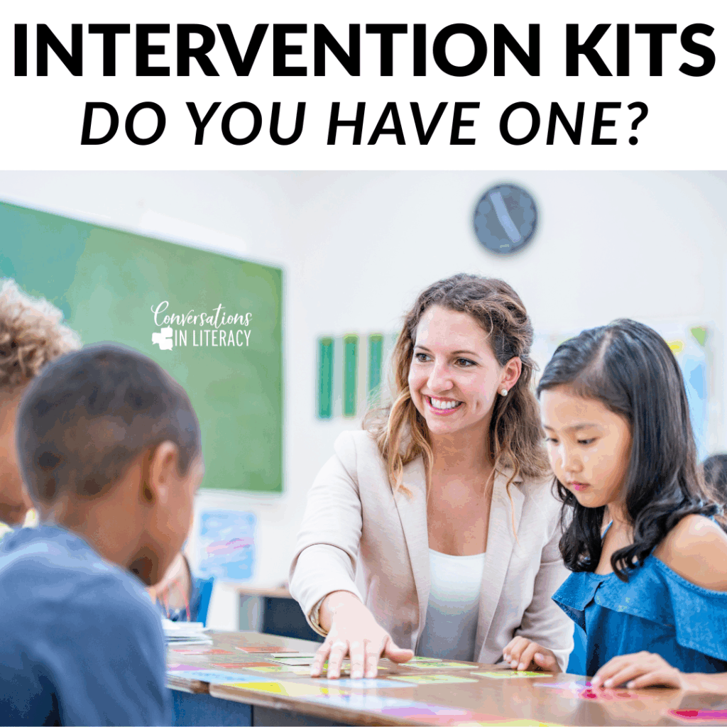 Teacher using reading intervention kits in the elementary classroom with students by Conversations in Literacy