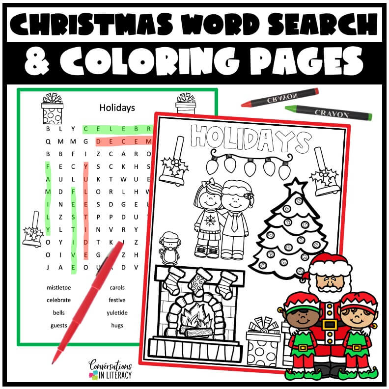 Christmas Word Search Puzzle and Coloring Sheet with red pen and red and green crayons by Conversations in Literacy