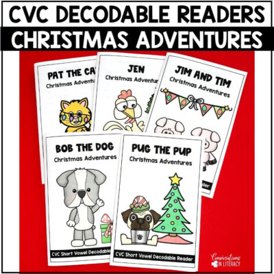 Christmas Holiday Short Vowel Decodable Readers on a red background by Conversations in Literacy