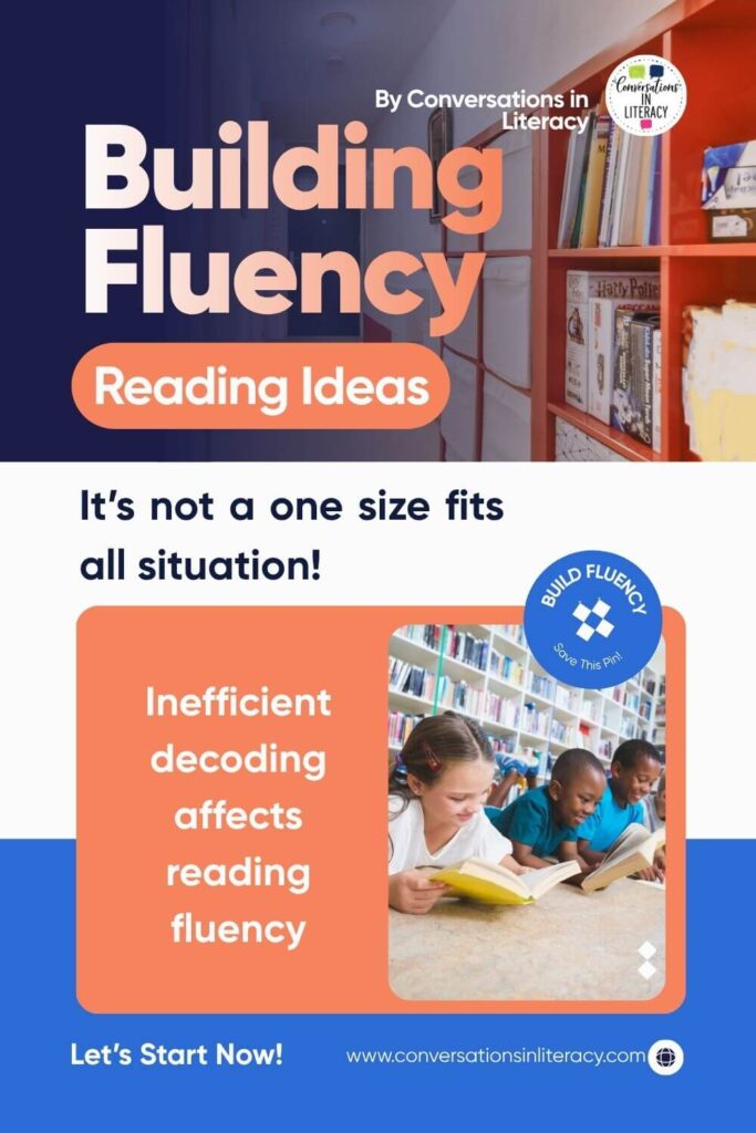 Building Fluency Reading Ideas with books on shelf and students reading books by Conversations in Literacy