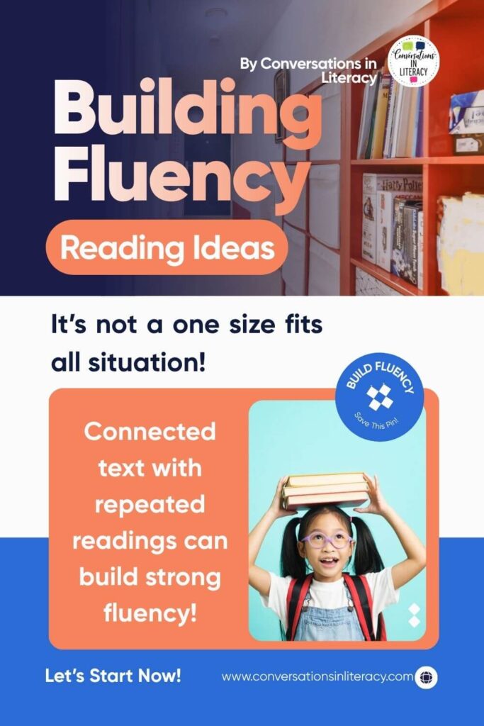 Building Fluency Reading Ideas with books on shelf and students reading books by Conversations in Literacy