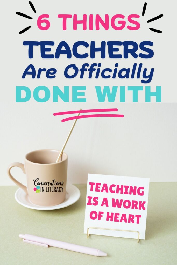 Coffee cup, pen and note card for Educational Trends Teachers Are Done With by Conversations in Literacy
