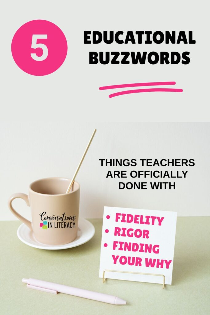 Coffee cup, pen and note card for Educational Trends Teachers Are Done With by Conversations in Literacy